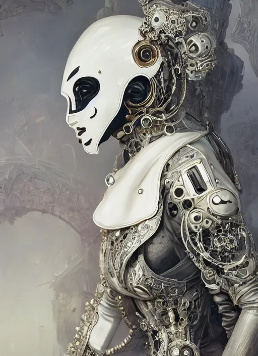 Prompt: a cyborg with mask, black leather garment with art nouveau ivory accessories, intricate lace and jewels, cyberpunk, darksynth, luxury, concept art by greg rutkowski, extremely detailed, ominous, ethereal, artstation, andree wallin, edvige faini, balaskas, alphonse mucha, 8 k, octane render