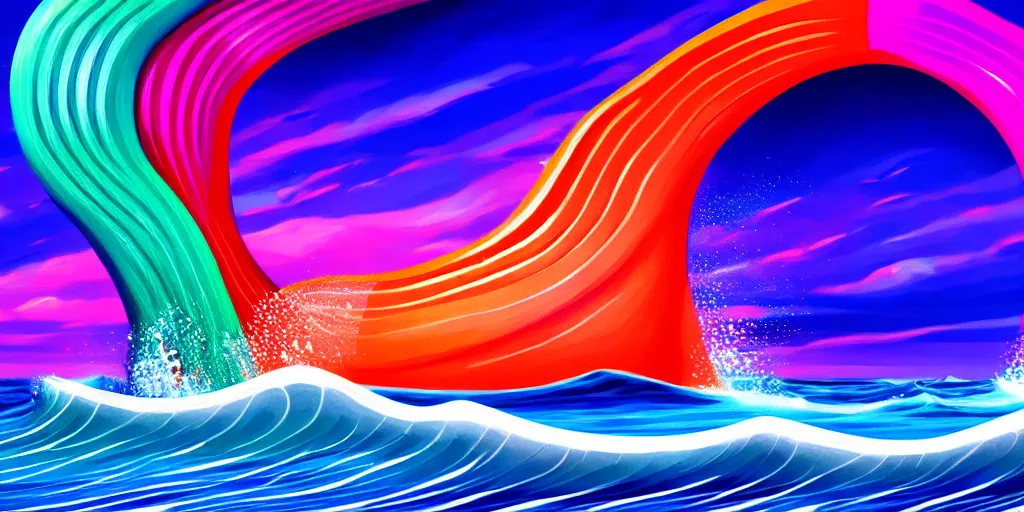 Image similar to a beach shaped like a singing mouth, the waves are made is musical notes, one wave is shaped like the mouths tongue, very colorful painting 8 k trending on art station, intricate details, very realistic, cinematic lighting, volumetric lighting,