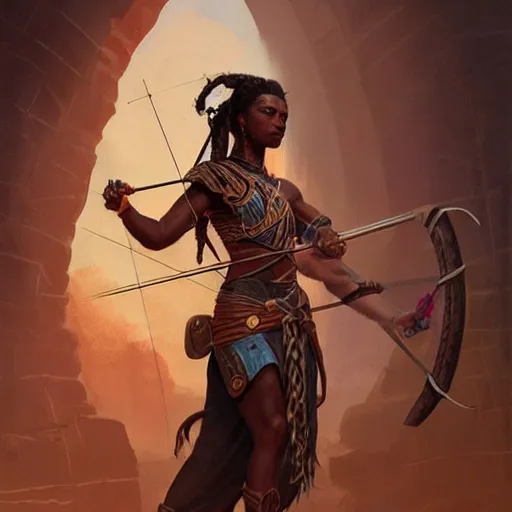 Image similar to a strong, dark-skinned mesopotamian archer with dreadlocks and six fingers, D&D, highly detailed, digital painting, artstation, concept art, sharp focus, illustration, cinematic lighting, art by artgerm and greg rutkowski and alphonse mucha