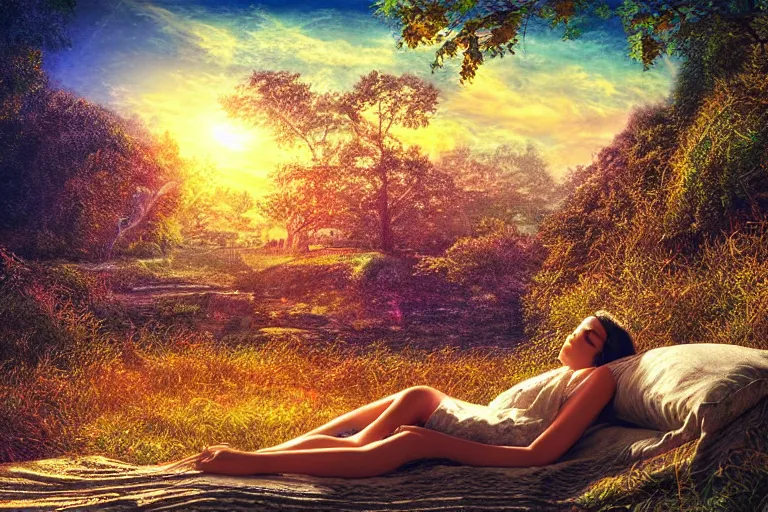 Prompt: quenn sleep, fantasy, pen painting, ultra realistic!!!, hdr, clear weather, golden hour, sharp focus