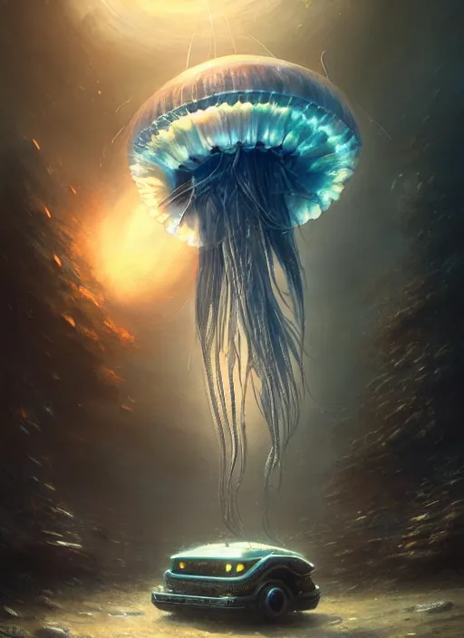 Prompt: jellyfish alien vehicle, sparks, ultra realistic, underwater temple, cinematic lighting, machines, highly detailed, sharp focus, artstation, masterpiece, art by greg rutkowski