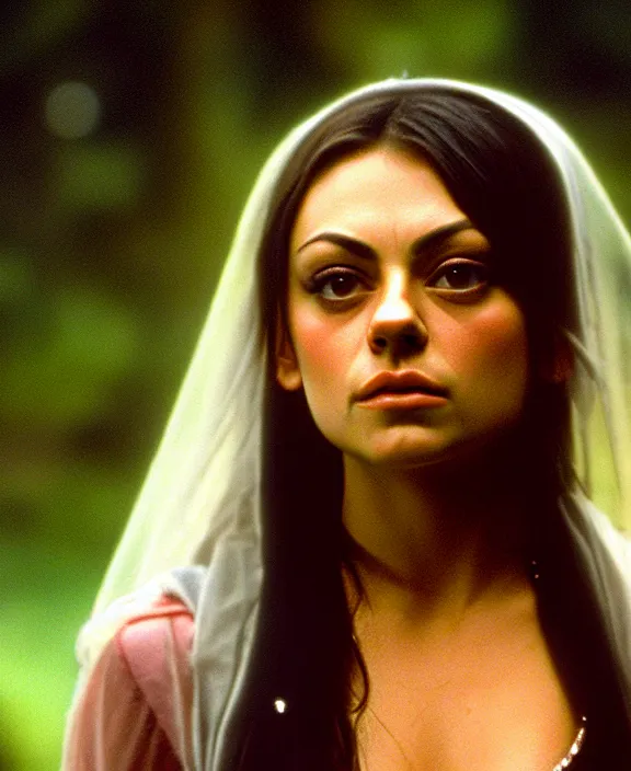 Image similar to acid-processed film still of 18 year old Mila Kunis as Juliet from Romeo and Juliet looking at the camera with tired eyes. soft detailed film still at 16K resolution and amazingly epic visuals. epically luminous image. amazing lighting effect, image looks gorgeously crisp as far as it's visual fidelity goes, absolutely outstanding image. perfect film clarity. ultra image detail. iridescent image lighting. mind-breaking atmosphere. mega-beautiful pencil image shadowing. beautifully serene face. Ultra High Definition image. soft image shading. soft image texture. intensely beautiful image. large format picture. intricately detailed with Norse runes.