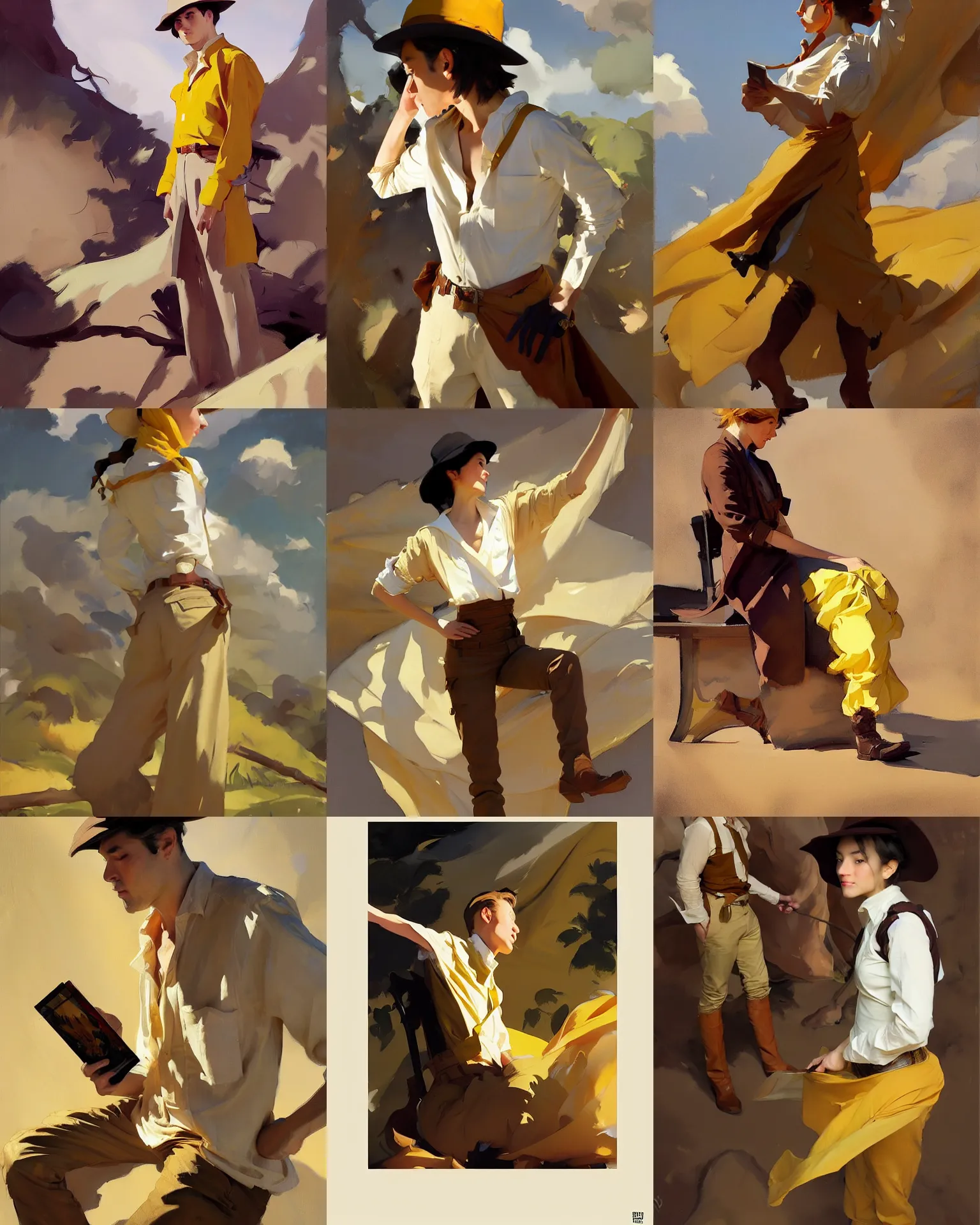 Image similar to white brown deep yellow cloth fabric jodhpurs greg manchess painting by sargent and leyendecker, studio ghibli, fantasy, medium shot, asymmetrical, intricate, elegant, matte painting, illustration, hearthstone, by rhads by greg rutkowski, by greg tocchini, by james gilleard, by joe fenton