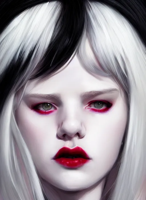 Image similar to portrait of white teenage girl, normal face, white bangs, mall goth, cyberlox, black and white hair, bangs, fluffy bangs, red contact lenses, purple lipstick, intricate, elegant, highly detailed, digital painting, artstation, concept art, sharp focus, smooth, illustration, art by wlop, mars ravelo and greg rutkowski