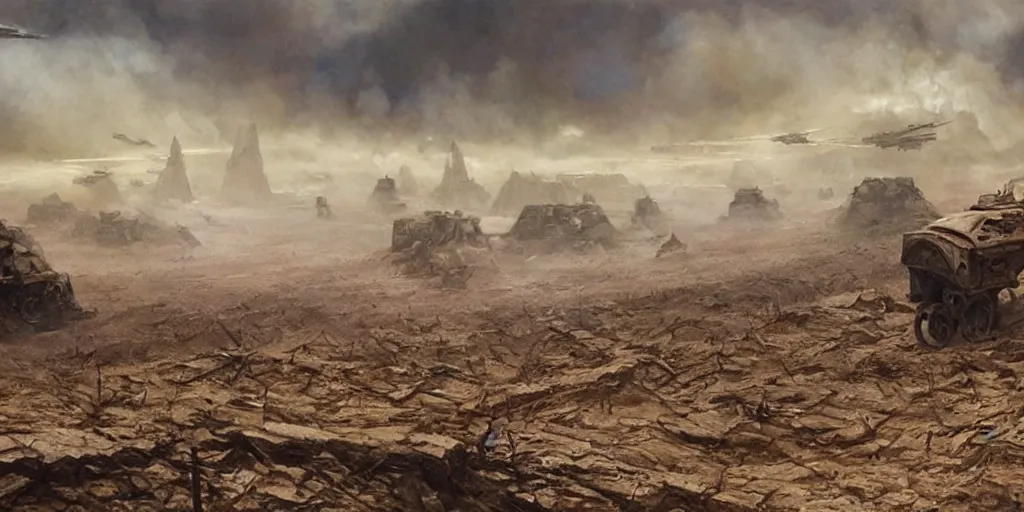 Prompt: world war 1 landscape in star wars, painted by john howe and greg rutkowski