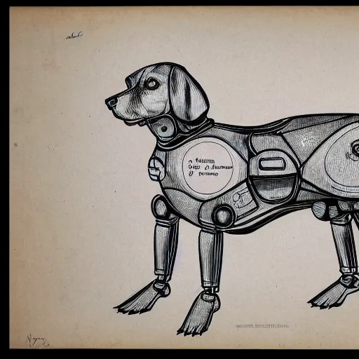 Prompt: anatomical drawing of a dog robot, with organs labeled