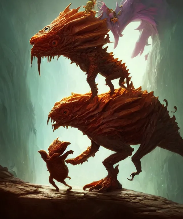 Prompt: an eldrich creature carrying another creature, adorable and whimsical,, fantasy, elegant, digital painting, artstation, unreal engine, octane render, concept art, matte, sharp focus, vibrant colors, high contrast, illustration, art by justin gerard