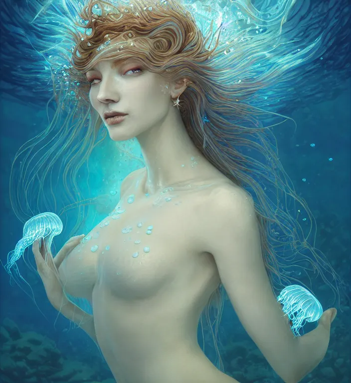 Image similar to underwater portrait of a goddess mermaid with (reaction diffusion) scaled fish skin Bioluminescent phoenix jellyfish, Her breath shot a haze of steam out into the frosty morning air concept, soft light, soft mood, realistic body features and face, illustration,intricate ornament halo, painting oil on canvas by Elena Zhurikhina and Goro Fujita and Charlie Bowater, octane render trending on artstation, 4k, 8k, HD