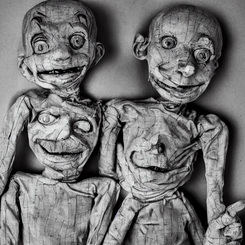 Image similar to creepy ventriloquist dummy in the style of roger ballen, 4 k, bw, portrait