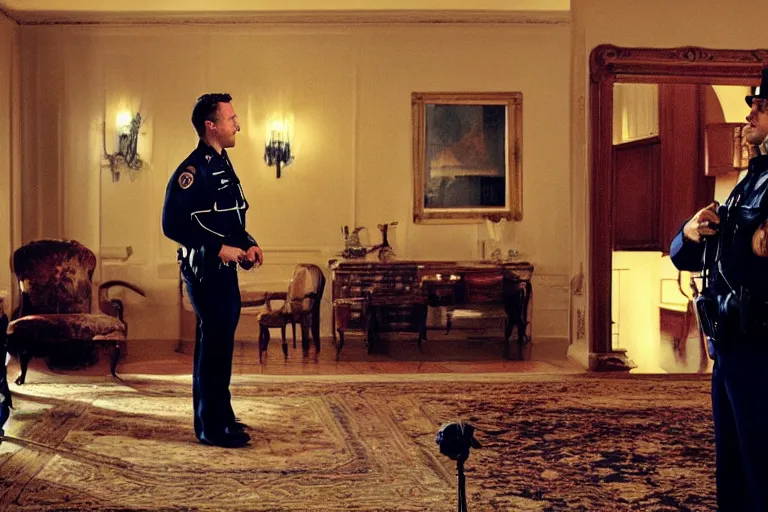 Prompt: cinematography portrait of a cop talking to his radio in an decadent mansion foyer by Emmanuel Lubezki