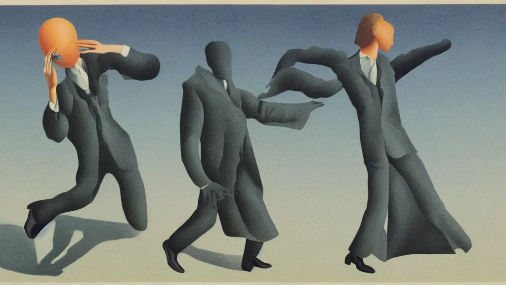 Image similar to A vintage scientific illustration from the 1970s of a man dancing with the grim reaper by René Magritte