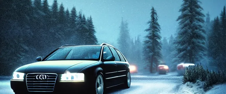 Image similar to Audi A4 B6 Avant (2002), a gritty neo-noir, dramatic bright lighting, cinematic, establishing shot, extremely high detail, photorealistic, cinematic lighting, artstation, by simon stalenhag, Snowy japanese mountain road, Palmont City canyons, At night