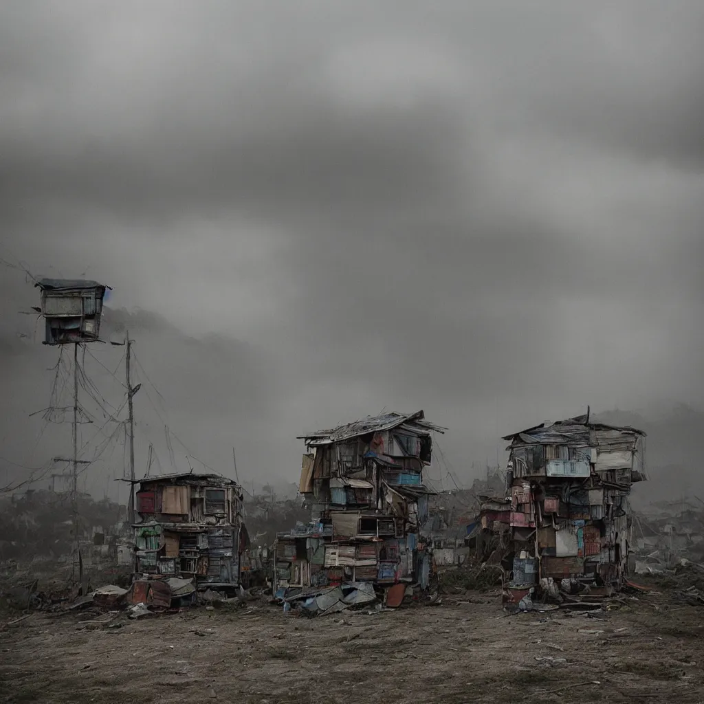 Prompt: two towers, made up of makeshift squatter shacks with faded colours in philippines, moody cloudy sky, uneven fog, dystopia, mamiya, f 1 1, fully frontal view, photographed by jeanette hagglund