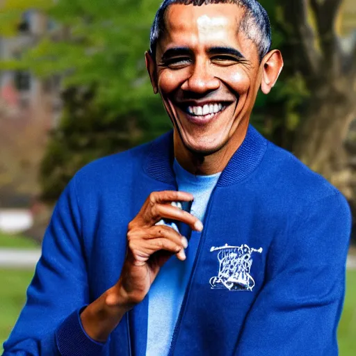 Image similar to realistic photo of casual barack obama wearing a royal blue varsity jacket with yellow sleeves