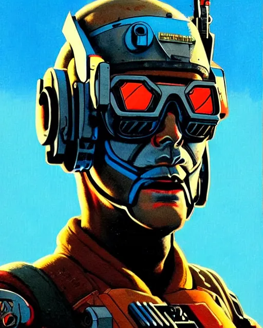 Prompt: soldier 7 6 from overwatch, character portrait, portrait, close up, concept art, intricate details, highly detailed, vintage sci - fi poster, retro future, in the style of chris foss, rodger dean, moebius, michael whelan, and gustave dore