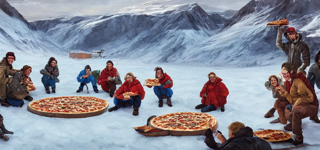 Prompt: people eating a pizza by the seed vault in Svalbard, 80s style, smiling maniacally, 8k, james gurney, greg rutkowski, john howe, artstation