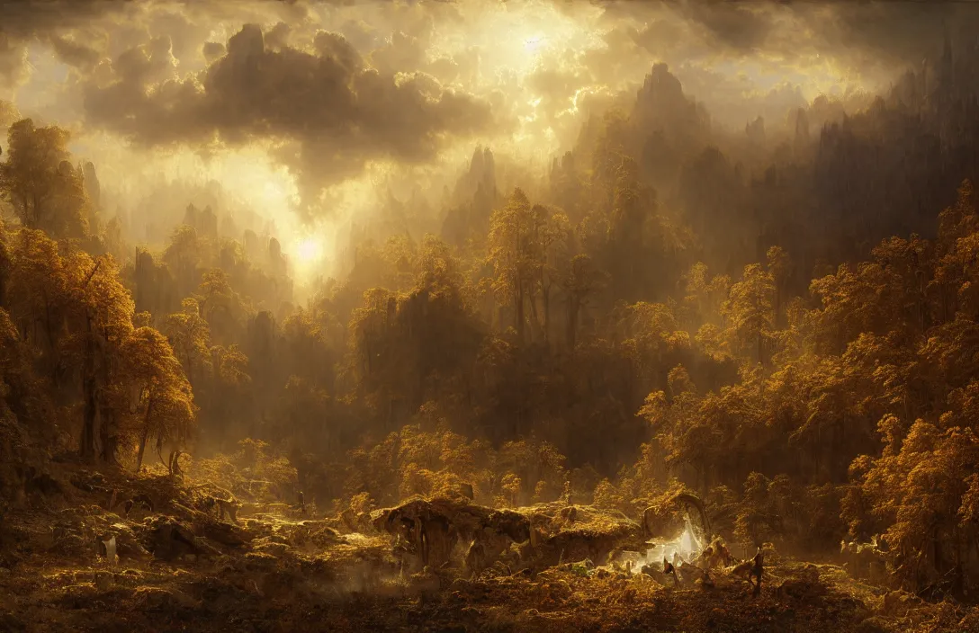 Image similar to albert bierstadt, greg rutkowski, james gurney, dancing angels in phantastic landscape, hyperreal phantastic, intricate details in environment, meeting point, luminance, golden ratio, high aestehtic, cinematic light, dramatic light, godrays, distance, clear atmosphere, photobash, wideangle, bierstadt, hyperreal 4 k