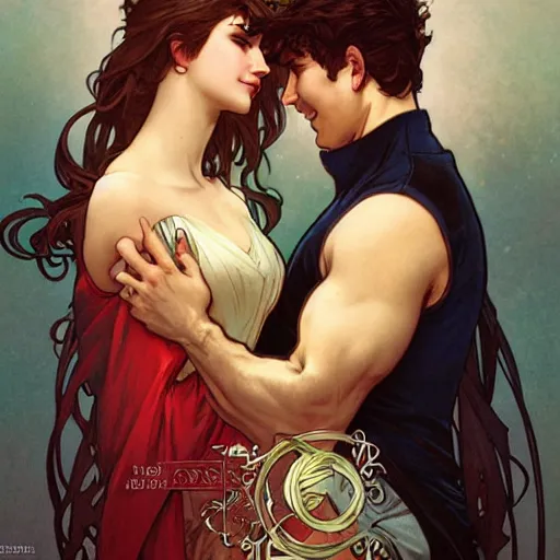 Prompt: a cheesy romance novel cover by artgerm and greg rutkowski and alphonse mucha