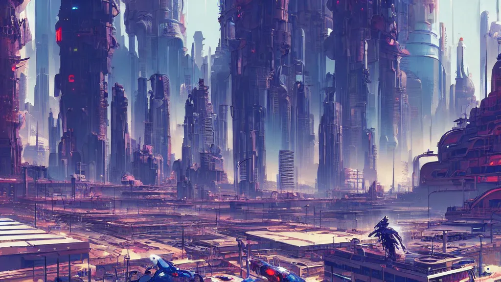 Prompt: ground level view of downtown retro robot city at the other end of the universe, sharp digital painting. retrofuturism. hyperrealistic. concept art. artstation. akihiko yoshida jim burns. brian sum