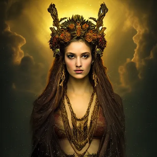 Image similar to majestic gracious regal seductive deity persephone portrait, ancient greece, atmospheric lighting, painted, ravenous, tempestuous, humble, intricate, volumetric lighting, beautiful, rich deep colours masterpiece, golden hour, golden ratio, sharp focus, ultra detailed, by leesha hannigan, ross tran, thierry doizon, kai carpenter, ignacio fernandez rios