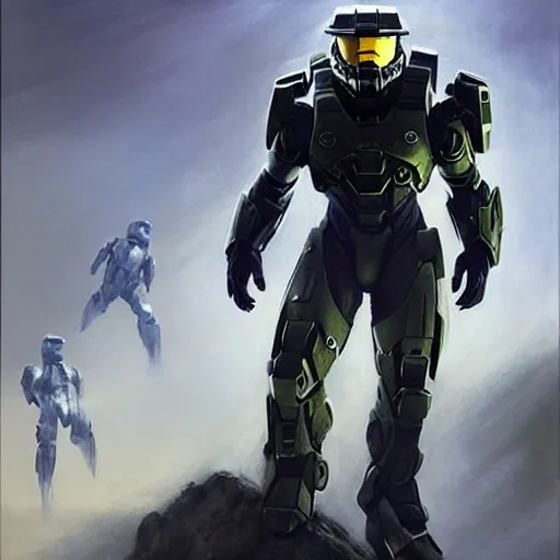 Image similar to Robert Downey Jr wearing Master Chief's armor from Halo, high tech, action shot, angular, full body portrait, futuristic, dramatic, fantasy, intricate, elegant, highly detailed, digital painting, artstation, concept art, matte, sharp focus, illustration, 8K, art by Donato Giancola and James Gurney