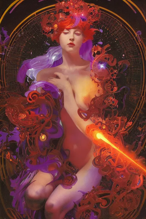 Image similar to she dreams of arcs of purple flame intertwined with glowing sparks, glinting particles of ice, dramatic lighting, steampunk, secret holographic cyphers, red flowers, bright neon solar flares, high contrast, smooth, sharp focus, art nouveau, painting by Caravaggio and Yoshitaka Amano and ruan jia and greg rutkowski and Alphonse Mucha