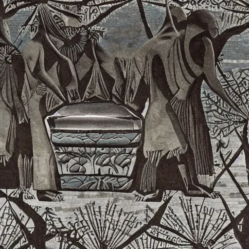 Image similar to A beautiful photograph of a coffin being carried by six men through an ethereal, otherworldly landscape. The coffin is adorned with a relief of a skull and crossbones, and the men are all wearing hooded cloaks. The landscape is eerie and foreboding, with jagged rocks and eerie, glowing plants. in Ancient Egypt, roman mosaic by Francesca Woodman, by Malcolm Liepke, by Mark Lague elaborate