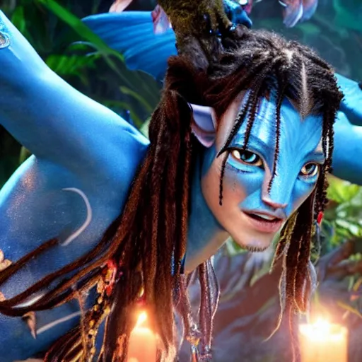 Image similar to stunning awe inspiring johnny depp as a navi from the movie avatar, movie still 8 k hdr atmospheric lighting