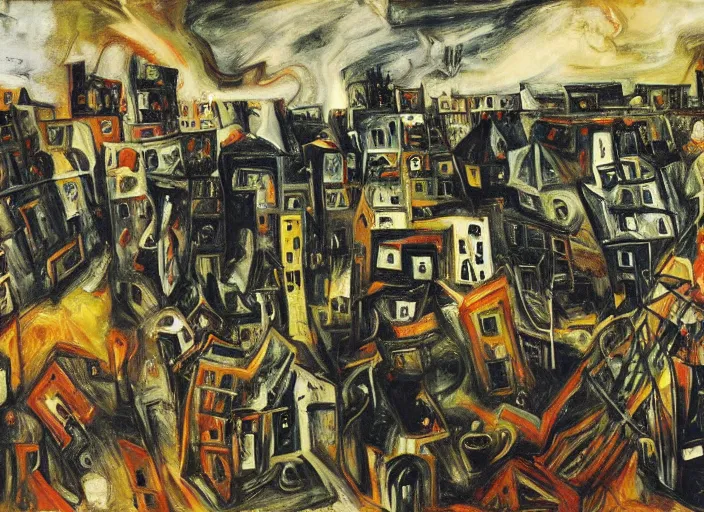 Image similar to a cityscape of chaos, houses, trees and hell in style of Chaim Soutine and Frank Auerbach and Bosch