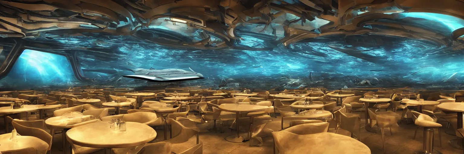 Prompt: Futuristic-looking sci-fi cyberpunk restaurant underground, underwater below ocean with whales and sharks, huge TV screen, neon panels. Many chairs with people sitting in the restaurant in the style of sci-fi movie. Cinematic, ArtStation, realistic photograph, ambient, vibrant colors, rays, Unreal Engine 5, rendered by Octane.