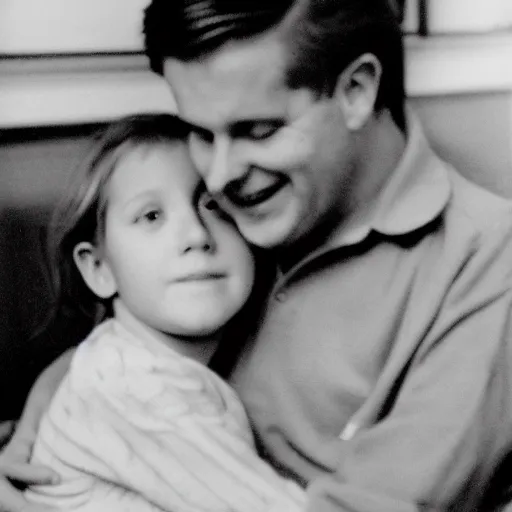 Image similar to 8 year old white girl being hugged by her dad, argus argoflex ef camera, f 1 8 7 5 mm lens, 1 9 4 2