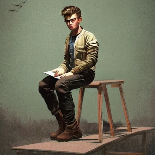 Image similar to a highly detailed epic cinematic concept art CG render digital painting artwork costume design: young James Dean as a well-kept neat anarchist rebel in 1950s USSR green overalls and big boots, reading a book. By Greg Rutkowski, Ilya Kuvshinov, WLOP, Stanley Artgerm Lau, Ruan Jia and Fenghua Zhong, trending on ArtStation, subtle muted cinematic colors, made in Maya, Blender and Photoshop, octane render, excellent composition, cinematic atmosphere, dynamic dramatic cinematic lighting, aesthetic, very inspirational, arthouse