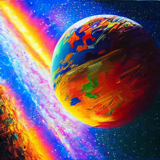 Image similar to view from space, colorful rubber - band - ball planet, oil on canvas, portrait, intricate, 8 k highly professionally detailed, hdr, cgsociety