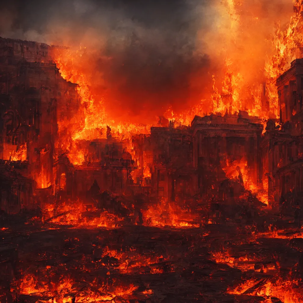 Image similar to painting of the great fire of rome, abstract, realism, 8 k, detailed, terror, octane render, 3 d render, complex emotion, glow, orange, beautiful, cinematic