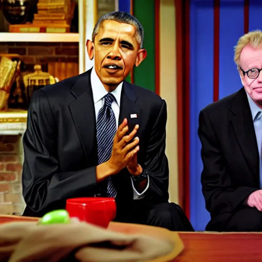 Prompt: president obama hosting jerry springer show, 4 k, hyper realistic, dslr, high resolution, landscape, beautiful