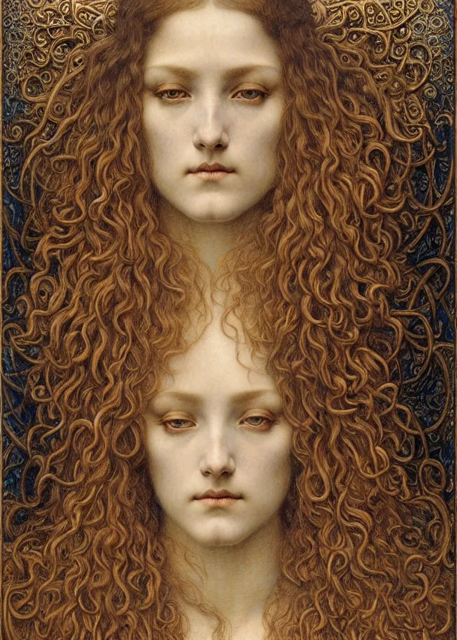 Image similar to detailed realistic beautiful young medieval queen face portrait by jean delville, gustave dore and marco mazzoni, art nouveau, symbolist, visionary, gothic, pre - raphaelite. horizontal symmetry