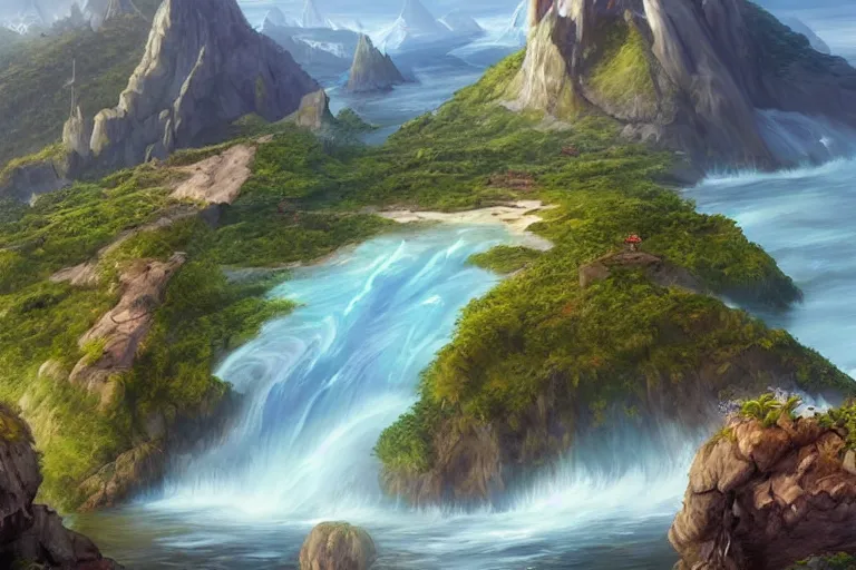 Prompt: an island from afar with forests and a mountain in open ocean, art by artgerm and sophie anderson, artstation, highly detailed, magic the gathering art, fantasy