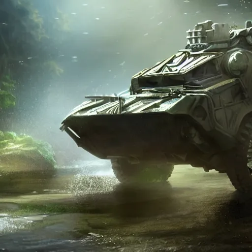 Prompt: amphibious mobile combat armor stepping out of a pond with a lazer rifle dripping water. film still. brightly lit scene. this 4 k hd image is trending on artstation, featured on behance, well - rendered, extra crisp, features intricate detail, epic composition and the style of unreal engine.