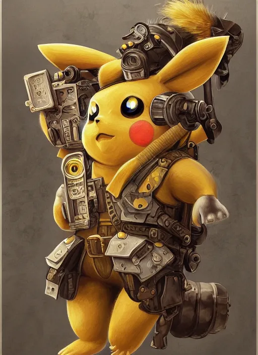 Image similar to high intricate painting of pikachu, dieselpunk, full shot, neil gaiman, maria panfilova, andrea savchenko, mike kime, ludovic plouffe, qi sheng luo, oliver cook, julian calle, eddie mendoza, trending on artstation