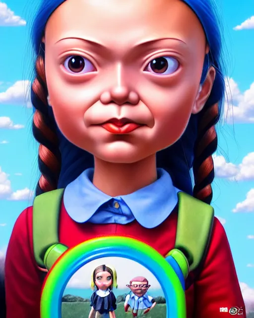 Image similar to closeup profile portrait of a tin toy greta thunberg as an anime schoolgirl, bikini, hyper realistic, artstation, illustration, nicoletta ceccoli, mark ryden, lostfish, max fleischer, digital paint, matte paint, vivid colors, bright, cheerful, detailed and intricate anime school environment