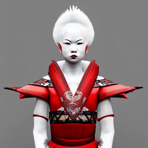 Prompt: beautiful albino maiko samurai armor, photograph, award wining, red and white, trending on artstation, punk attitude, 4k, unreal engine 5, octane render, neon highlights