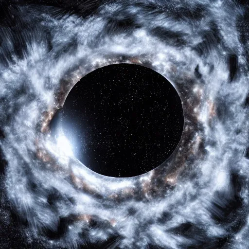 Prompt: black hole swallowing an ice planet, cinematic, stars, volumetric light, photograph, realistic, hyperdetailed