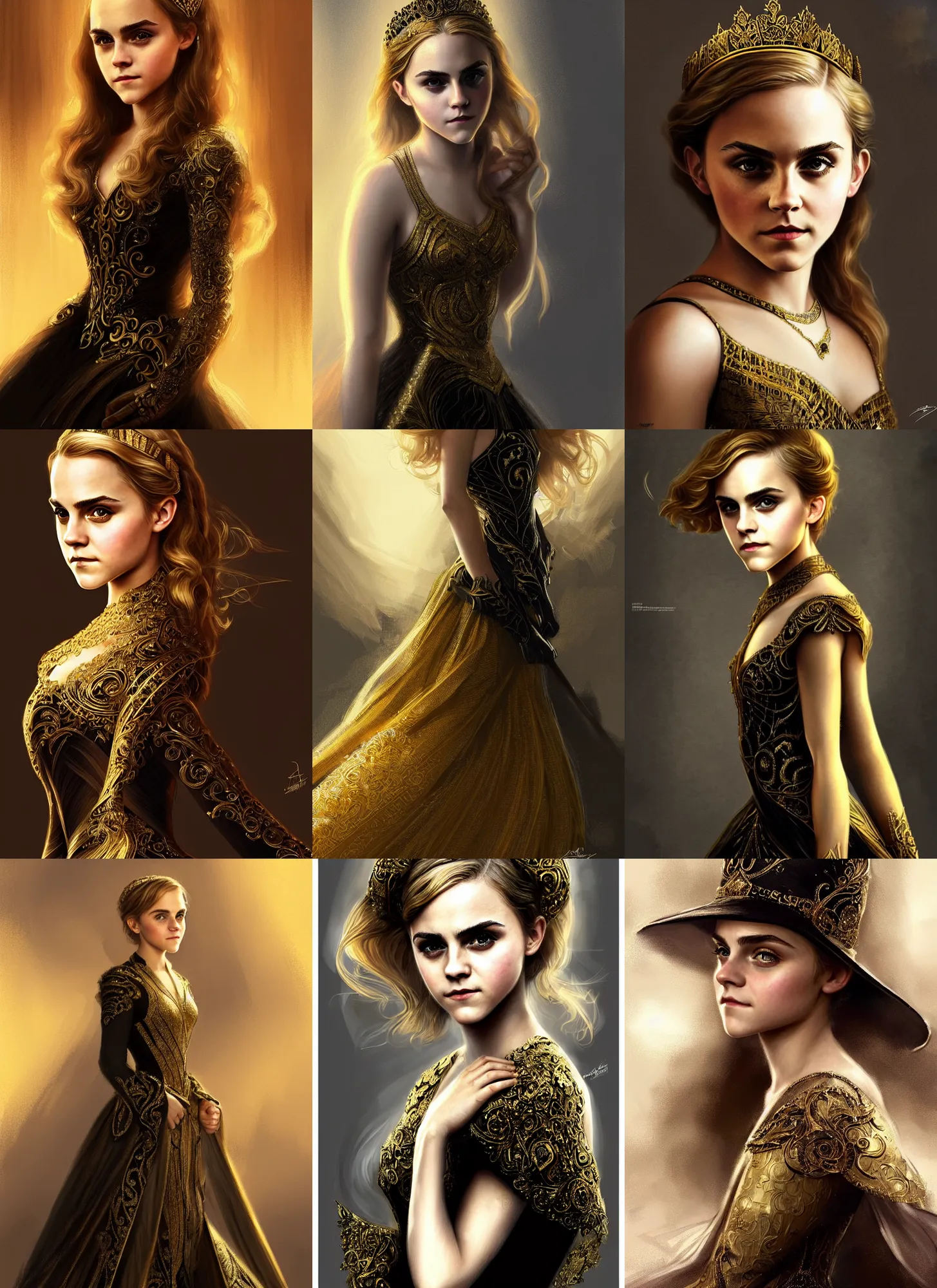 Prompt: annasophia robb emma watson portrait as young princess, golden and black dress, intricate, elegant, highly detailed, digital painting, artstation, concept art, sharp focus, illustration, art by aleksi briclot, rutkowski