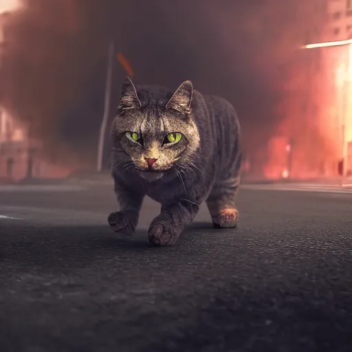 Image similar to apocalyptic, a closeup of an big angry cat walking on the future street. smoke. volumetric lighting, sharp focus, ultra detailed, cgsociety - w 1 0 2 4 - n 8 - i