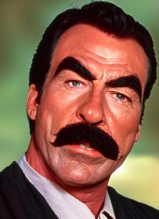 Prompt: film still of tom selleck as a simpsons character, gameplay, 8 k, hd