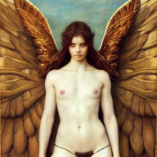 Prompt: epic masterpiece full body portrait a beautiful female angel, flawless skin, perfect body, perfectly formed wings, by Edgar Maxence and Ross Tran and Michael Whelan