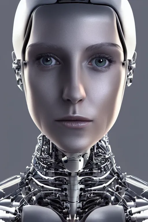 Image similar to robot with human face, female head, full body angle, woman human face, human face realistic, beautiful blonde hair, human head, human head with blonde hair, blonde hair human head, blonde hair, human realistic face, human head skin, cyborg frame concept, cyborg by ales-kotnik, sci-fi android female, the body is made of wires, robotic body, cyborg body, cyborg bust body, robot body cyborg, full body