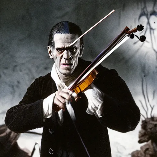 Image similar to UHD candid photo of Frankenstein playing violin, with accurate face, UHD, photorealistic, correct face, real strativarius, photo by Annie Leibowitz