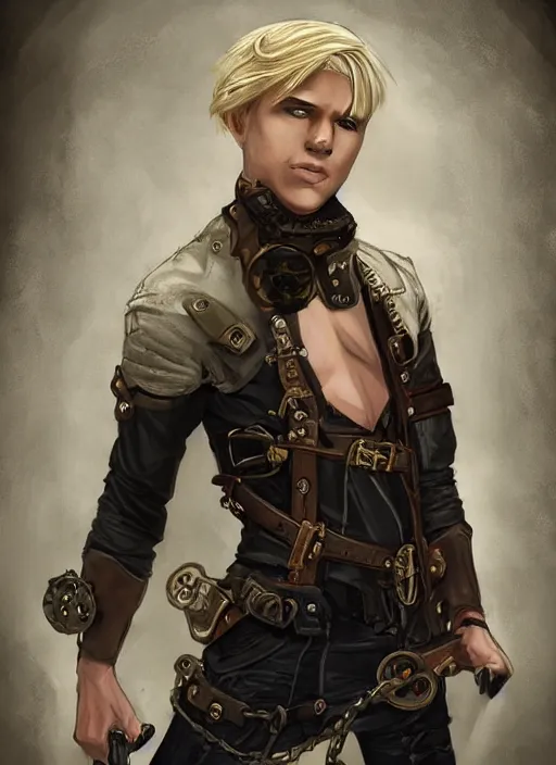 Image similar to a blonde boy thief with a steampunk armband in the style of eve ventrue