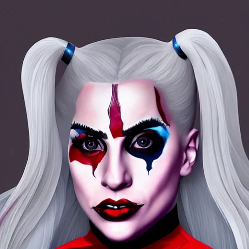 Image similar to photorealistic Lady Gaga as Harley Quinn